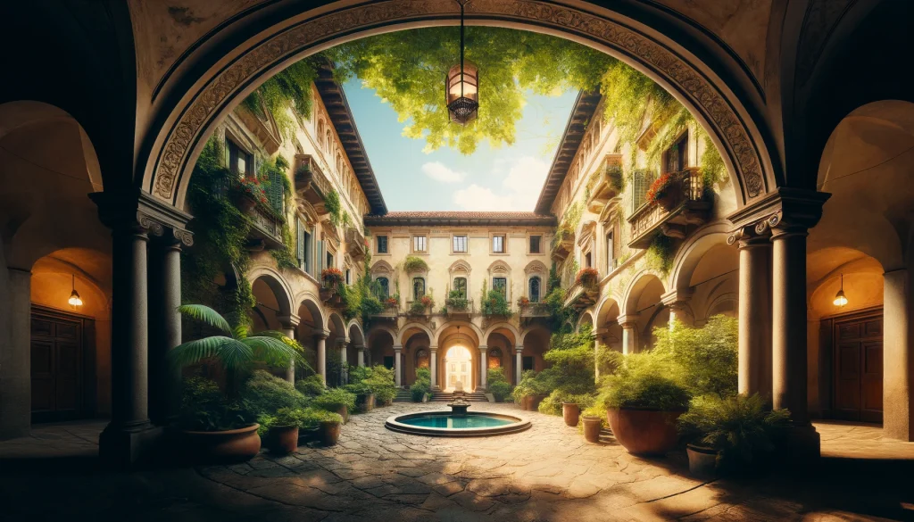 Milan Off the Beaten Path. A serene, hidden courtyard in Milan, showcasing the city's lesser-known beauty and charm, symbolizing the exploration of Milan off the beaten path.