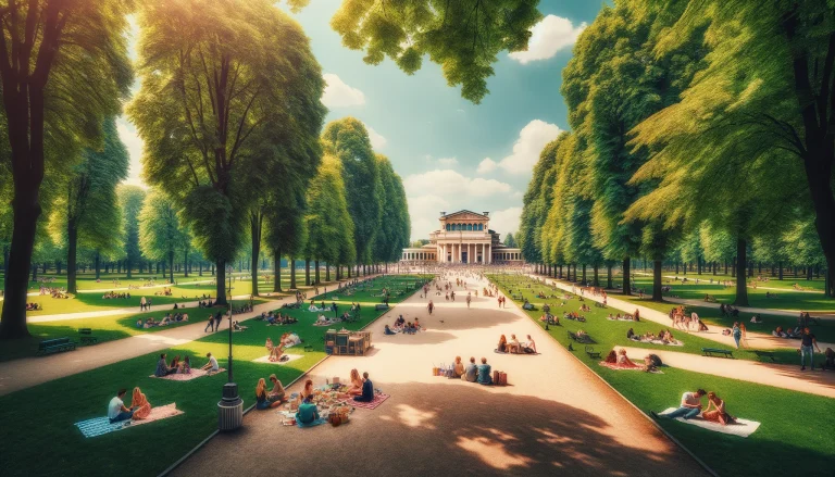 Milan Picnic Spots. Panoramic view of Sempione Park, a popular Milan picnic spot featuring lush green landscapes and tranquil picnic areas.