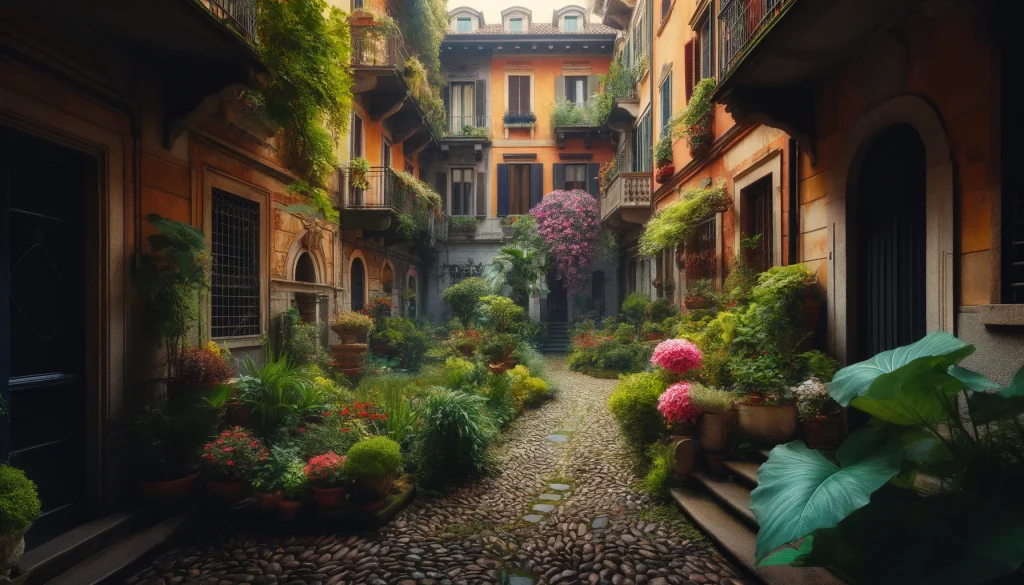 Milan Secret Photo Spots. A hidden courtyard in Milan, showcasing a serene setting perfect for photography enthusiasts, featuring cobblestone paths and lush floral arrangements.