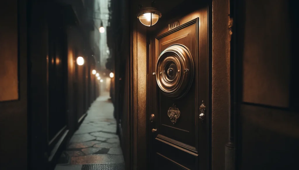 Milan Secret Speakeasies. A discreet entrance to a Milan secret speakeasy, characterized by a vintage style door with a classic peephole.
