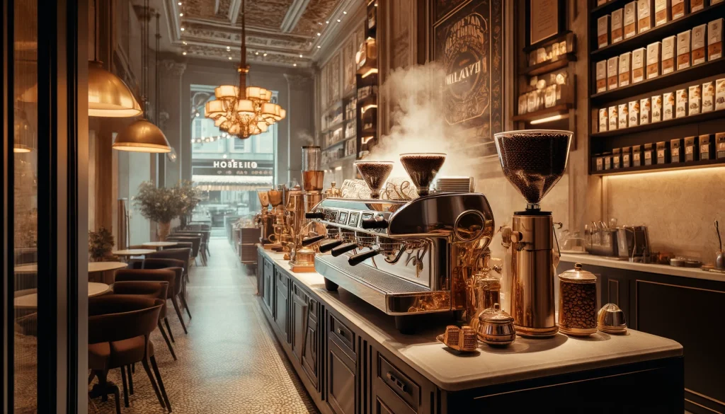 Milan Specialty Coffee Shops. Steaming espresso machines and artisanal brews in a stylish Milan coffee shop, embodying the rich coffee culture of Milan.