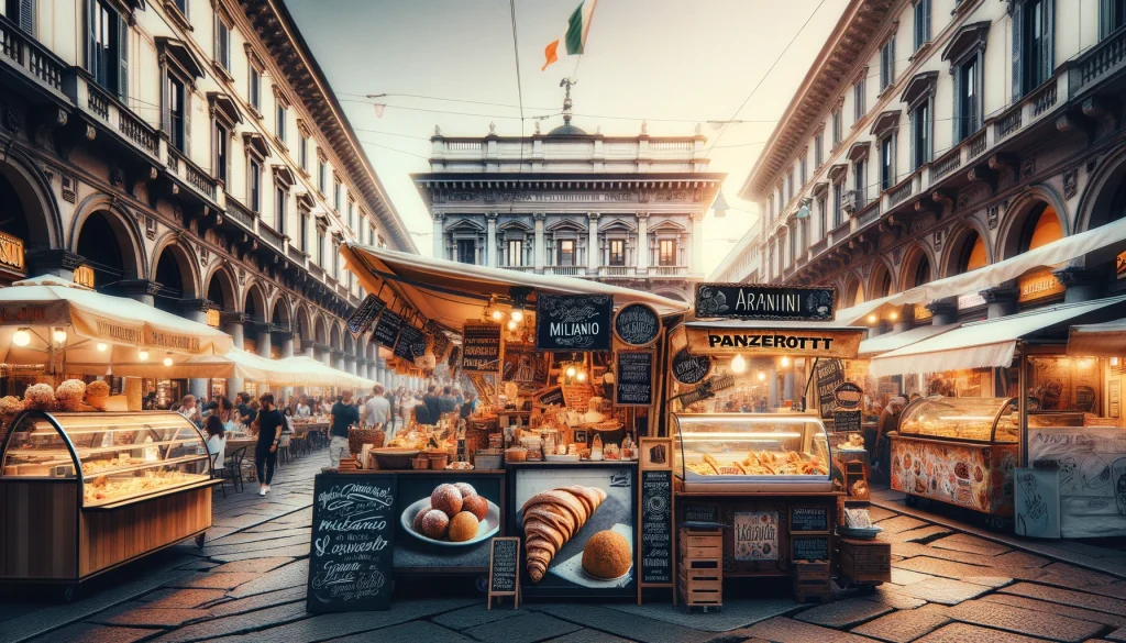 Milan Street Food Scene. Aromatic Milan street scene with diverse food stalls offering traditional and innovative cuisine, reflecting the city's rich culinary culture.