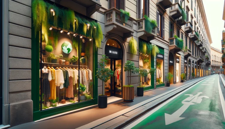 Milan Sustainable Fashion Brands. Eco-friendly fashion boutique in Milan displaying sustainable clothing collections.