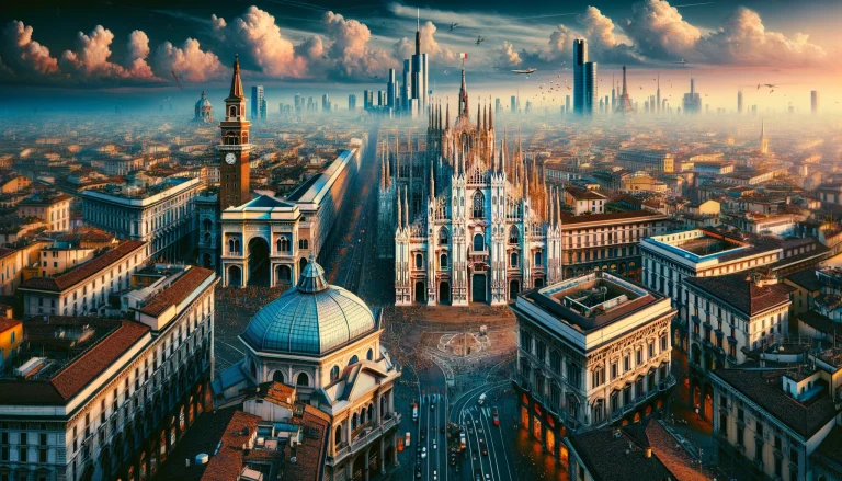 Milan Unique Cultural Experiences. A panoramic view of Milan showing iconic landmarks like the Duomo and the Galleria Vittorio Emanuele II, representing the city's blend of history and modern fashion.