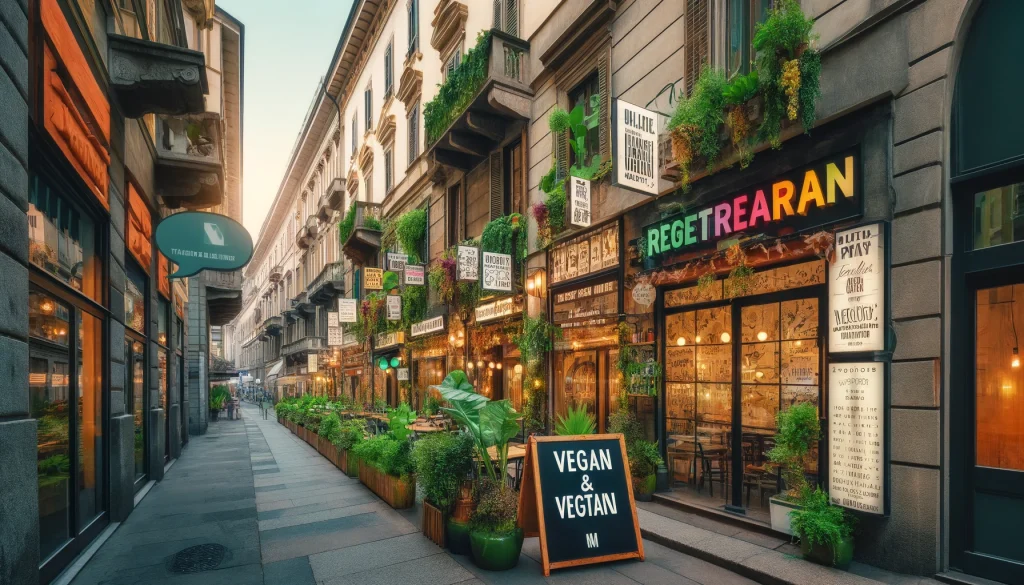 Milan Vegan and Vegetarian Restaurants. A bustling Milan street with trendy vegan and vegetarian restaurants, showcasing plant-based Italian cuisine.