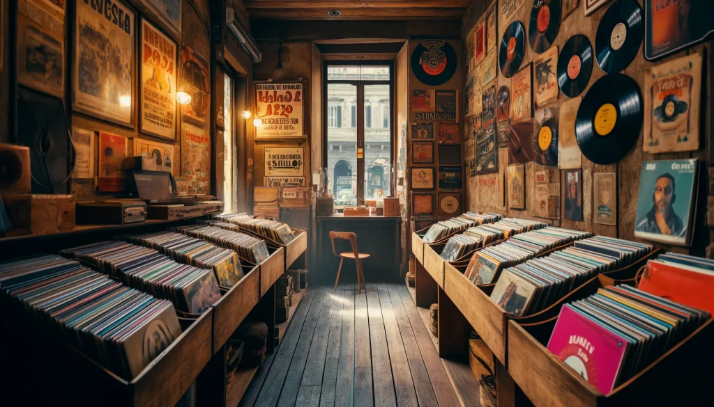 Milan Vintage Record Stores. A colorful display of vintage vinyl records with classic album covers and retro signage in a Milan record store.