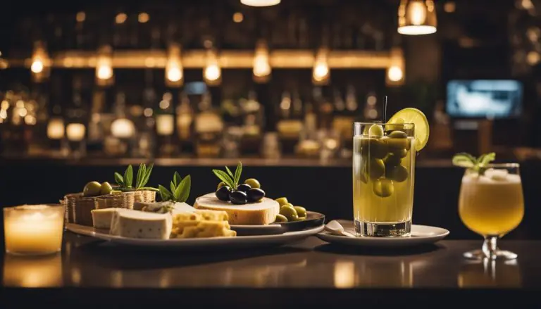 Milan aperitivo guide. Colorful cocktails and appetizers on a trendy Milanese bar's table during aperitivo hour.