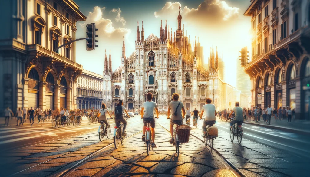 Milan bike tours. A group of cyclists exploring the historic streets of Milan with the iconic Duomo di Milano in the background.