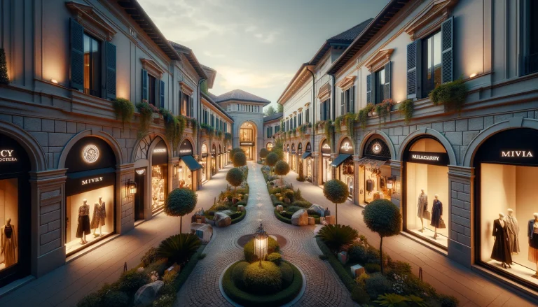 Milan fashion outlets. Elegant displays of designer fashion in Milan's luxury outlets, showcasing the blend of style and savings.