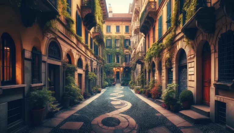 Milan hidden gems. Quaint alley in Milan leading to a hidden piazza, embodying the city's blend of ancient charm and modern innovation.