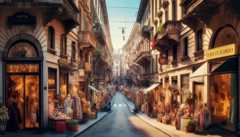 Milan vintage shopping. A bustling Milan street filled with quaint, colorful boutiques and vintage shops, offering a glimpse into Milan's rich fashion heritage.