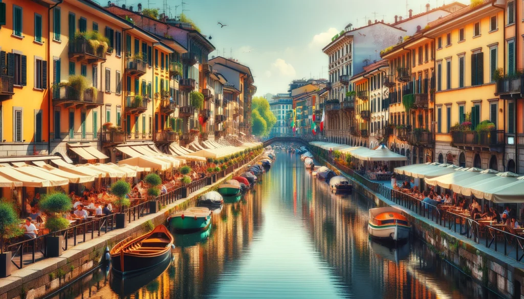 Navigli district. Colorful buildings and lively restaurants line the historic canals of Milan's Navigli District, embodying the area's rich cultural tapestry.