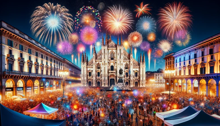 New Year's Eve Celebrations in Milan. Colorful fireworks light up Milan's Piazza Duomo as crowds celebrate New Year's Eve.