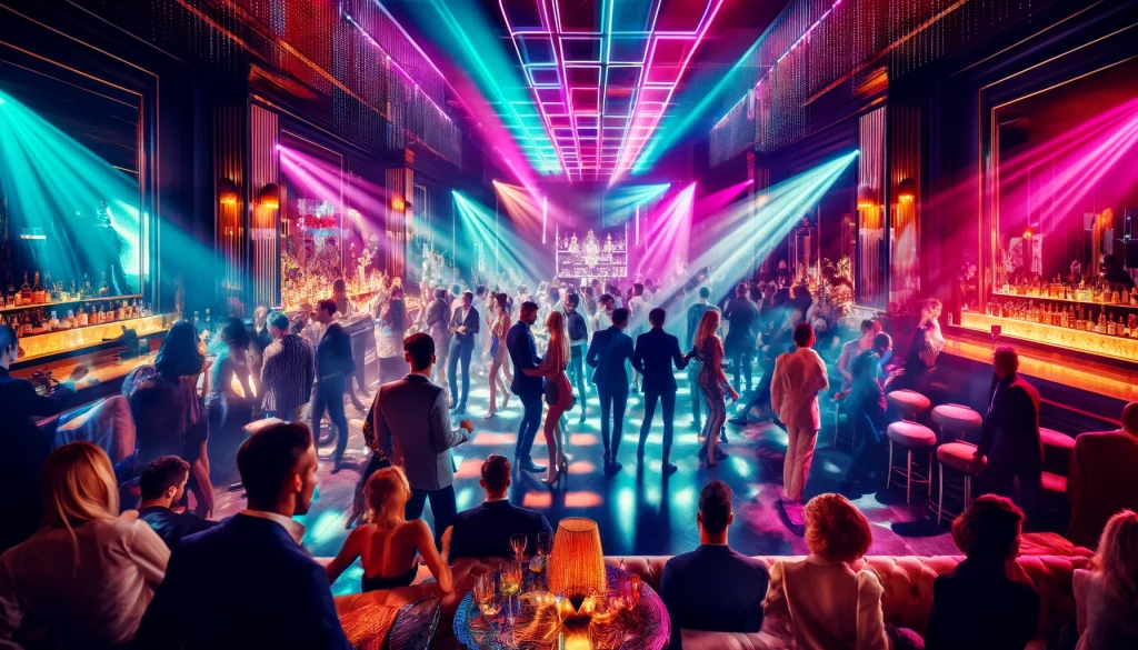 Nightclubs in Milan. Crowded Milan nightclub with colorful lights, energetic dance floor, and stylish patrons enjoying the vibrant atmosphere.