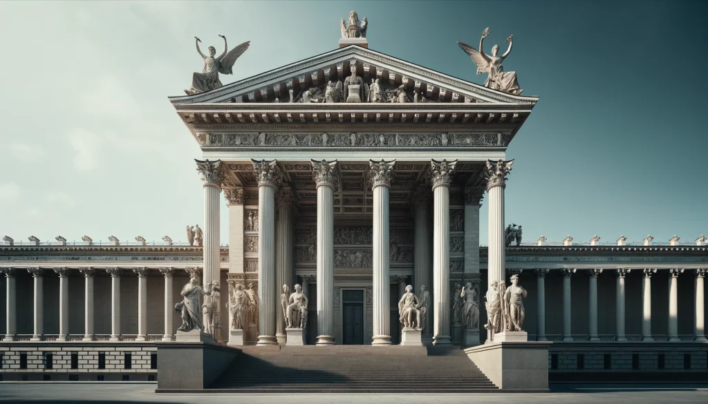 Pinacoteca di Brera. The majestic facade of Pinacoteca di Brera, adorned with neoclassical sculptures and columns, symbolizing Milan's rich artistic heritage.