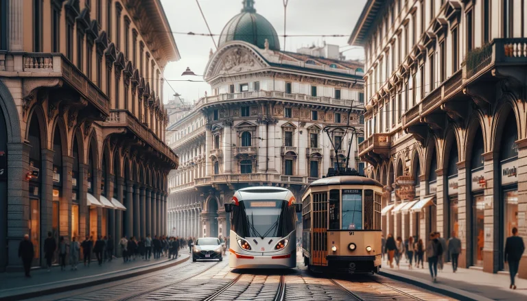 Public Transport in Milan. A tram and bus pass each other on a bustling Milan street, surrounded by historic buildings and stylish shops.