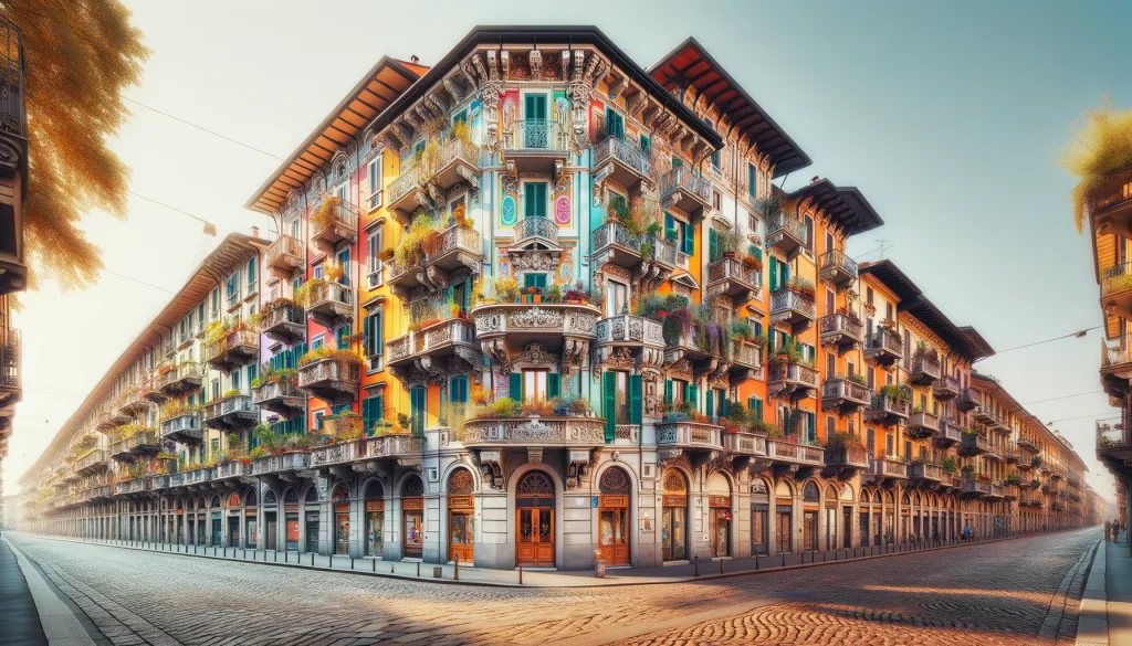 Ringhiera Houses of Milan. Colorful ringhiera house in Milan with intricate balconies and vibrant facade, exemplifying historical Milanese architecture.