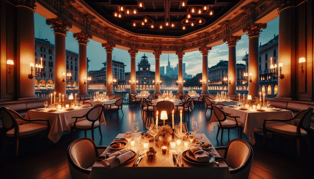 Romantic Restaurants in Milan. Candlelit tables in an elegant Milanese restaurant, with soft music and a view of the city at night.