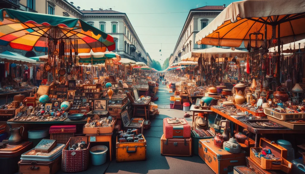 Second-hand Markets in Milan. A bustling second-hand market in Milan with a variety of vintage items displayed under colorful awnings.
