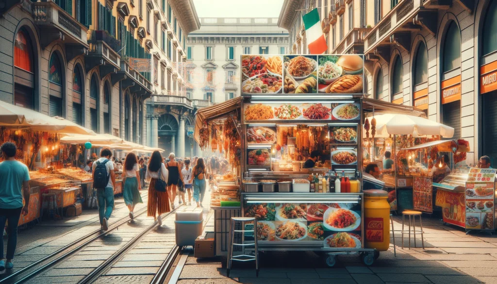 Street Food in Milan. Colorful food stalls lining the streets of Milan, offering a variety of local and international street food specialties.