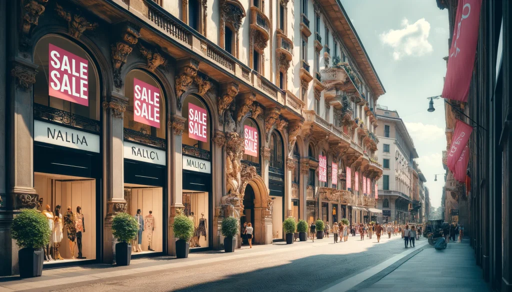 Summer sales in Milan. Milan streets bustling with shoppers during summer sales, showcasing vibrant displays and luxury boutiques.