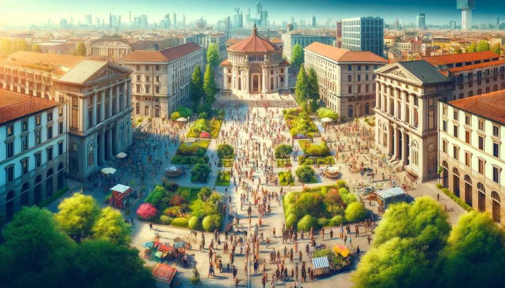 Universities in Milan. A vibrant university campus in Milan with historic and modern buildings, students walking between classes, and lush greenery.