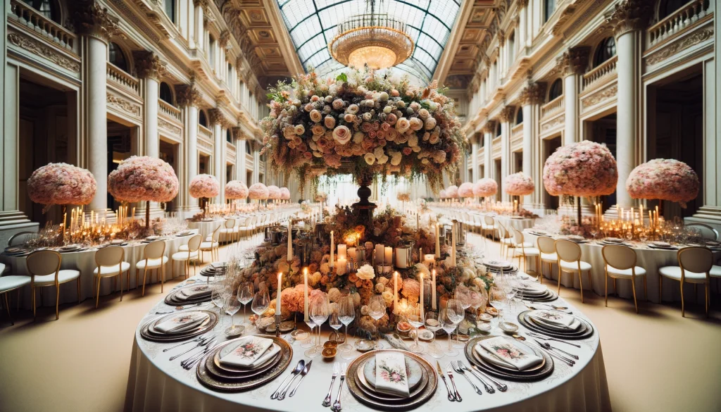 Wedding Catering in Milan. A lavish wedding banquet in Milan with elegant table settings, exquisite floral arrangements, and a grand display of gourmet Italian cuisine.