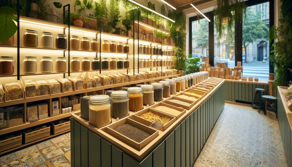 Zero waste shops in Milan. Zero waste shop interior in Milan, filled with eco-friendly products.
