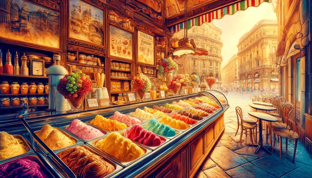 best gelato in Milan. A colorful array of gelato flavors at a bustling Milanese gelateria, showcasing the city's rich gelato culture.