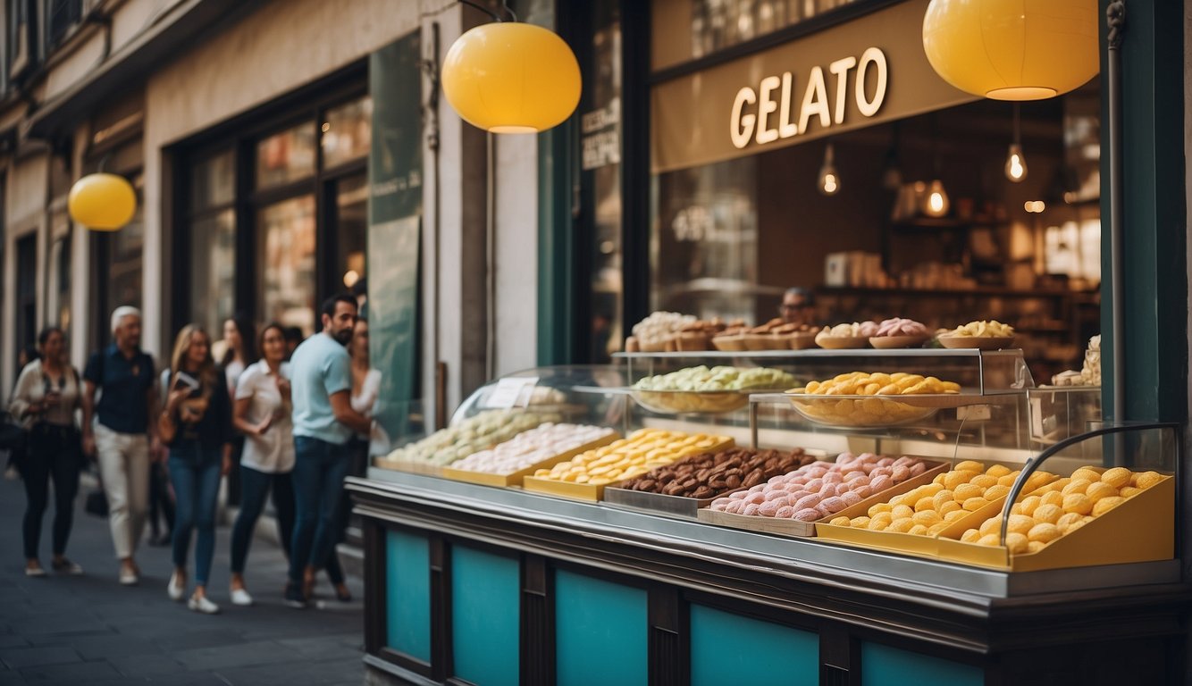 Brightly colored gelato shop with a line of eager customers. A sign proudly displays "Best Gelato in Milan." A cheerful atmosphere fills the air