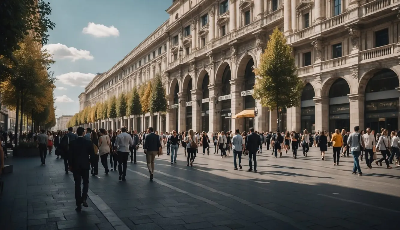 A bustling Milan street with modern office buildings and a mix of entrepreneurs and investors, showcasing the vibrant startup and accelerator scene