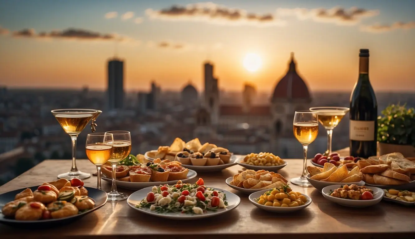 A table set with a spread of Italian appetizers, overlooking the city skyline at sunset