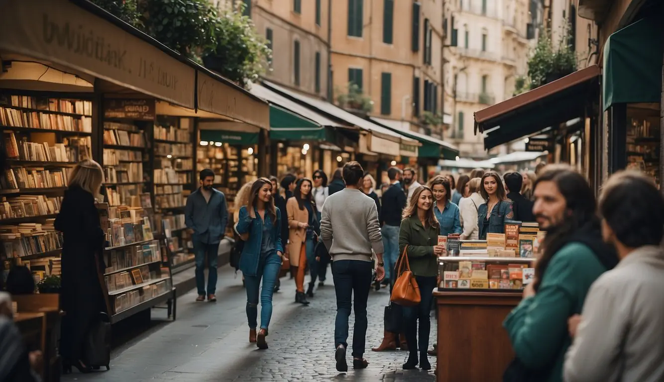 A bustling Milan street with colorful indie bookstores, people chatting and browsing, creating a sense of engagement and community