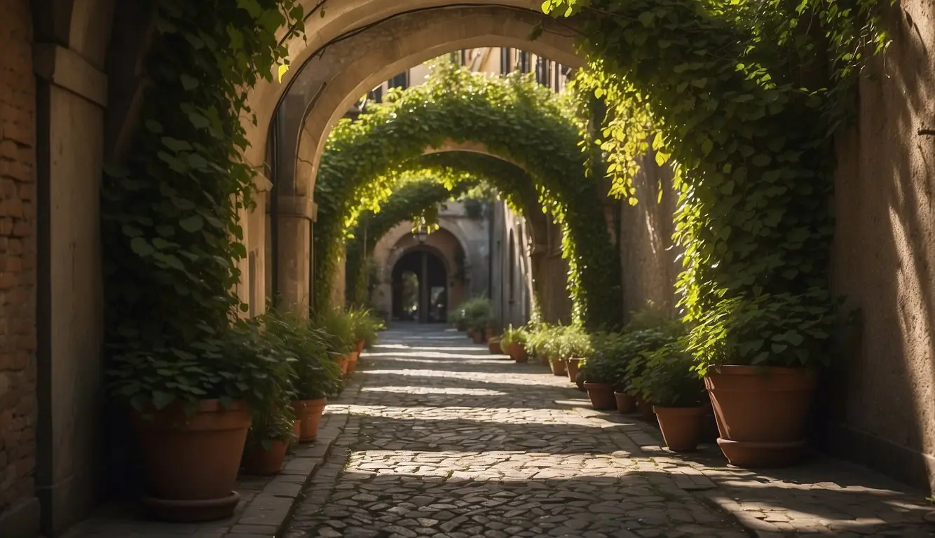 Sunlight filters through vine-covered archways in Milan's hidden courtyards, casting dappled shadows on ancient cobblestones