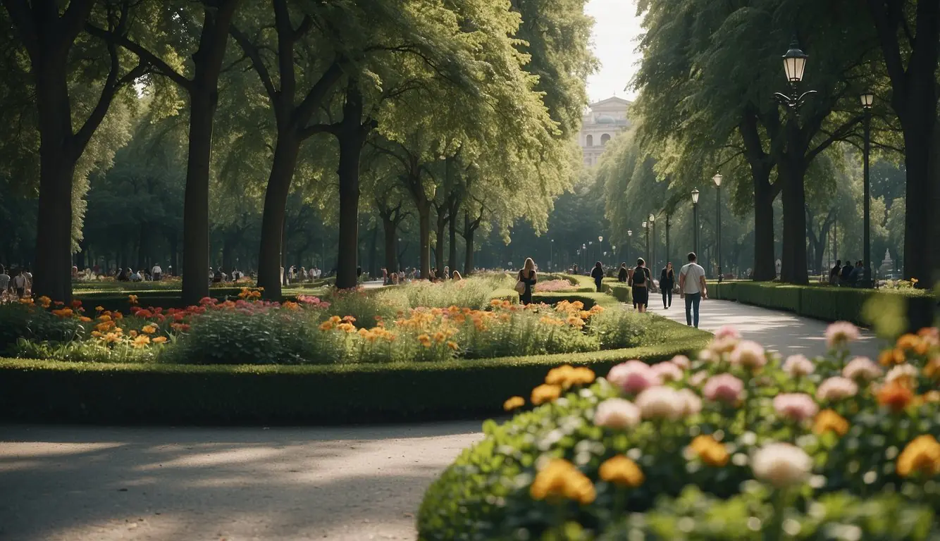 People strolling through lush green parks in Milan, with colorful flowers, winding pathways, and hidden nooks to explore