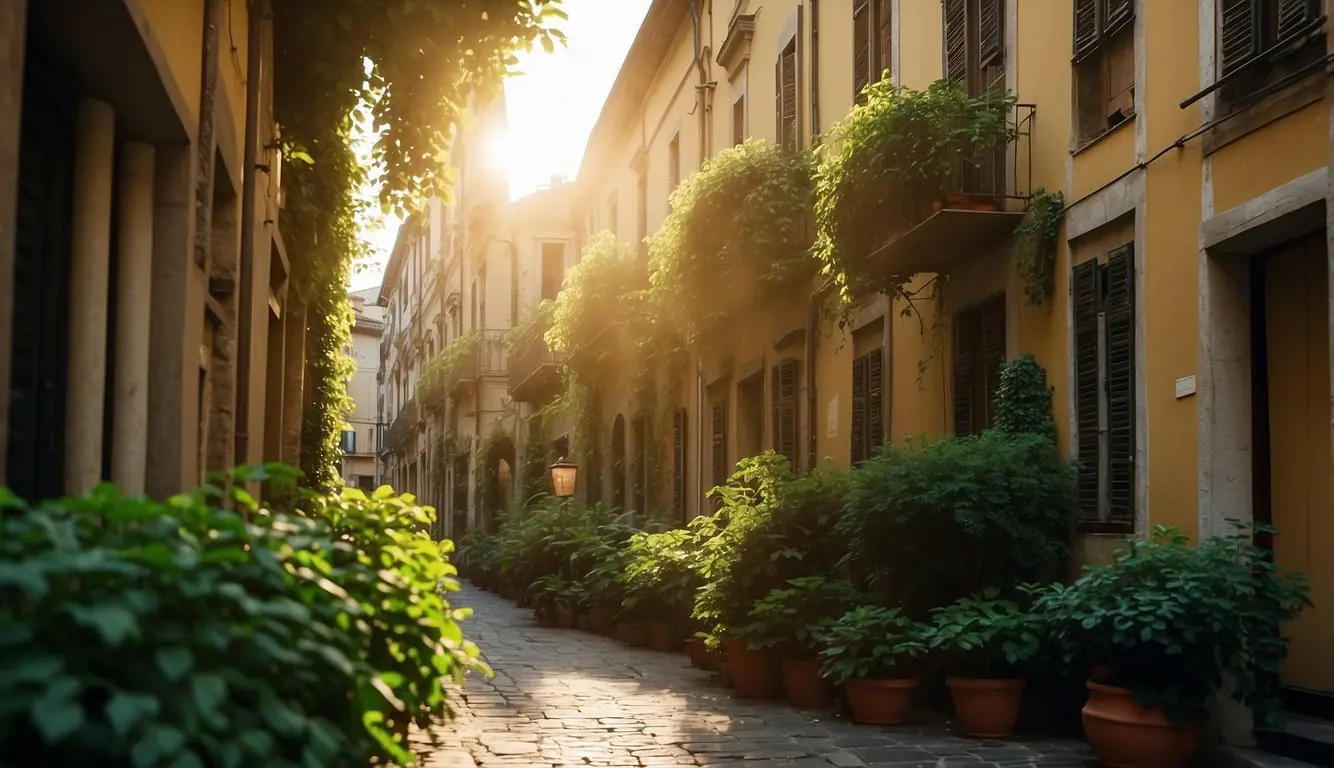 Sunlight filters through archways onto cobblestone courtyards, revealing ancient sculptures and vibrant murals. Greenery spills from terracotta pots, adding to the peaceful ambiance
