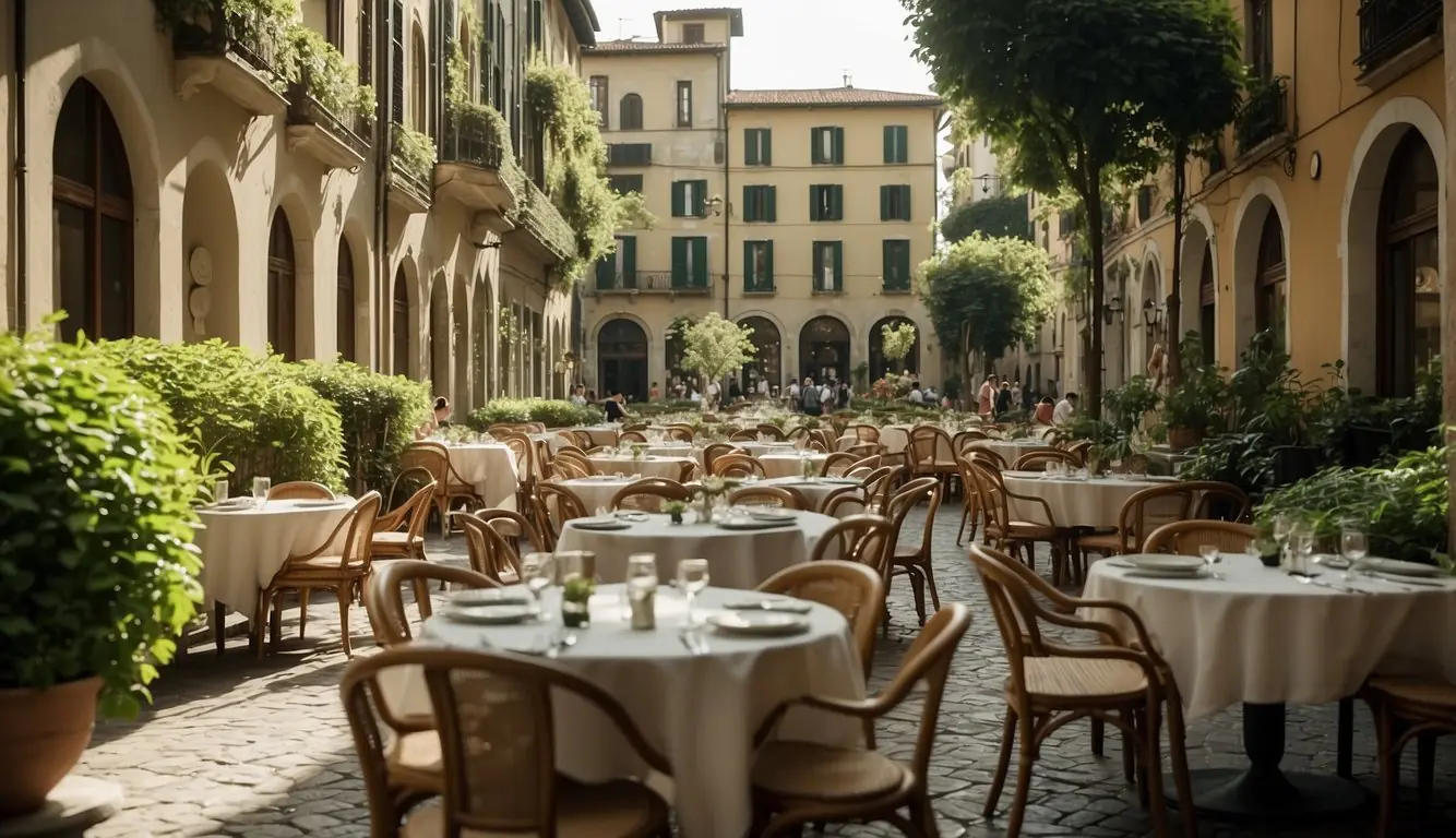A bustling Milan street leads to a secluded courtyard, adorned with lush greenery and charming cafes. Tables and chairs are scattered under the dappled sunlight, inviting visitors to relax and enjoy the leisurely atmosphere