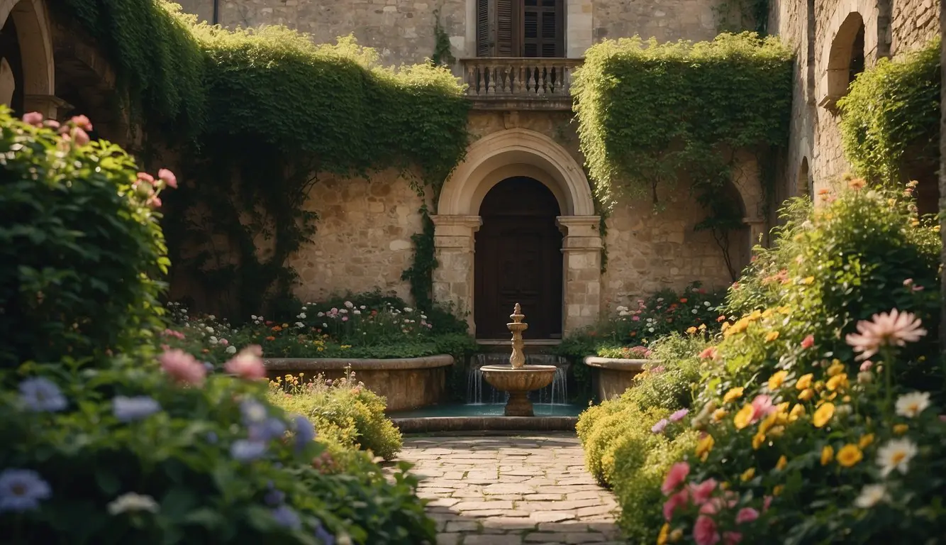 Lush greenery surrounds ancient stone walls in Milan's hidden courtyards. A fountain glistens in the sunlight, while colorful flowers bloom in the corners