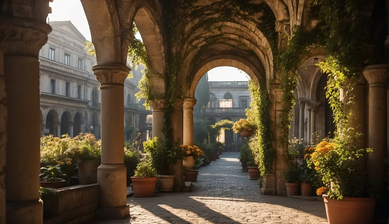 Sunlight filters through ancient archways, illuminating lush greenery and colorful flowers in Milan's hidden courtyards. Intricate stone carvings and ornate ironwork adorn the buildings, creating a tranquil oasis in the bustling city