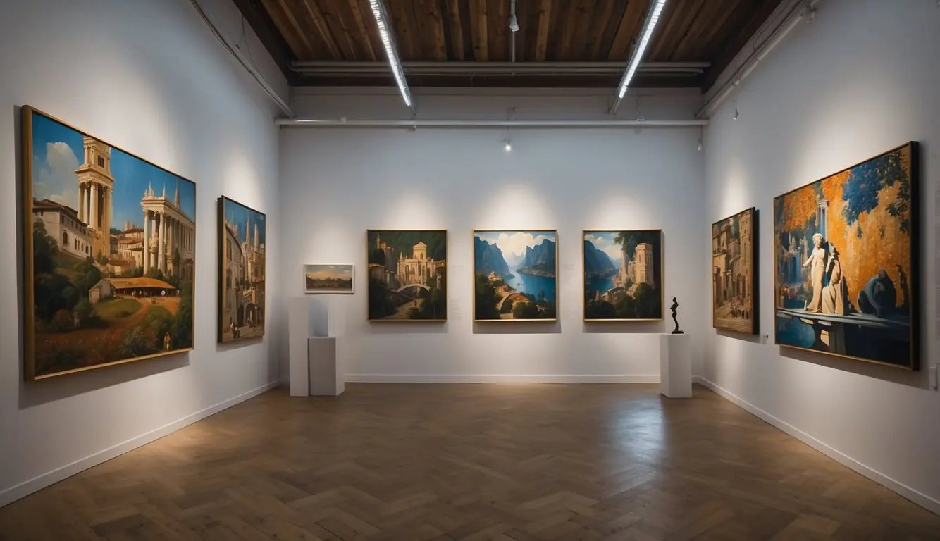 Vibrant paintings and sculptures fill the intimate space of a hidden Milan art gallery, showcasing unique and lesser-known works off the beaten path