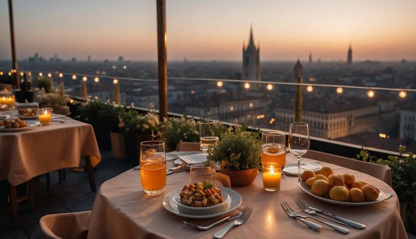 A bustling Milan rooftop bar at sunset, overlooking the city skyline with elegant aperitivo spread on tables