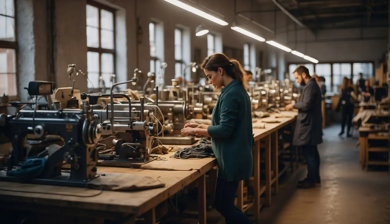A bustling workshop in Milan, filled with sustainable fabrics and machinery. Artisans carefully craft eco-friendly fashion pieces with precision and dedication