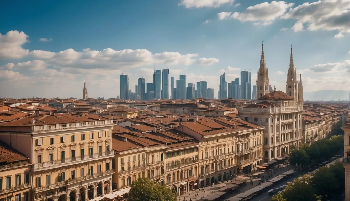 Milan skyline with sustainable fashion brands' logos on buildings. Awards and recognition banners displayed in the city center