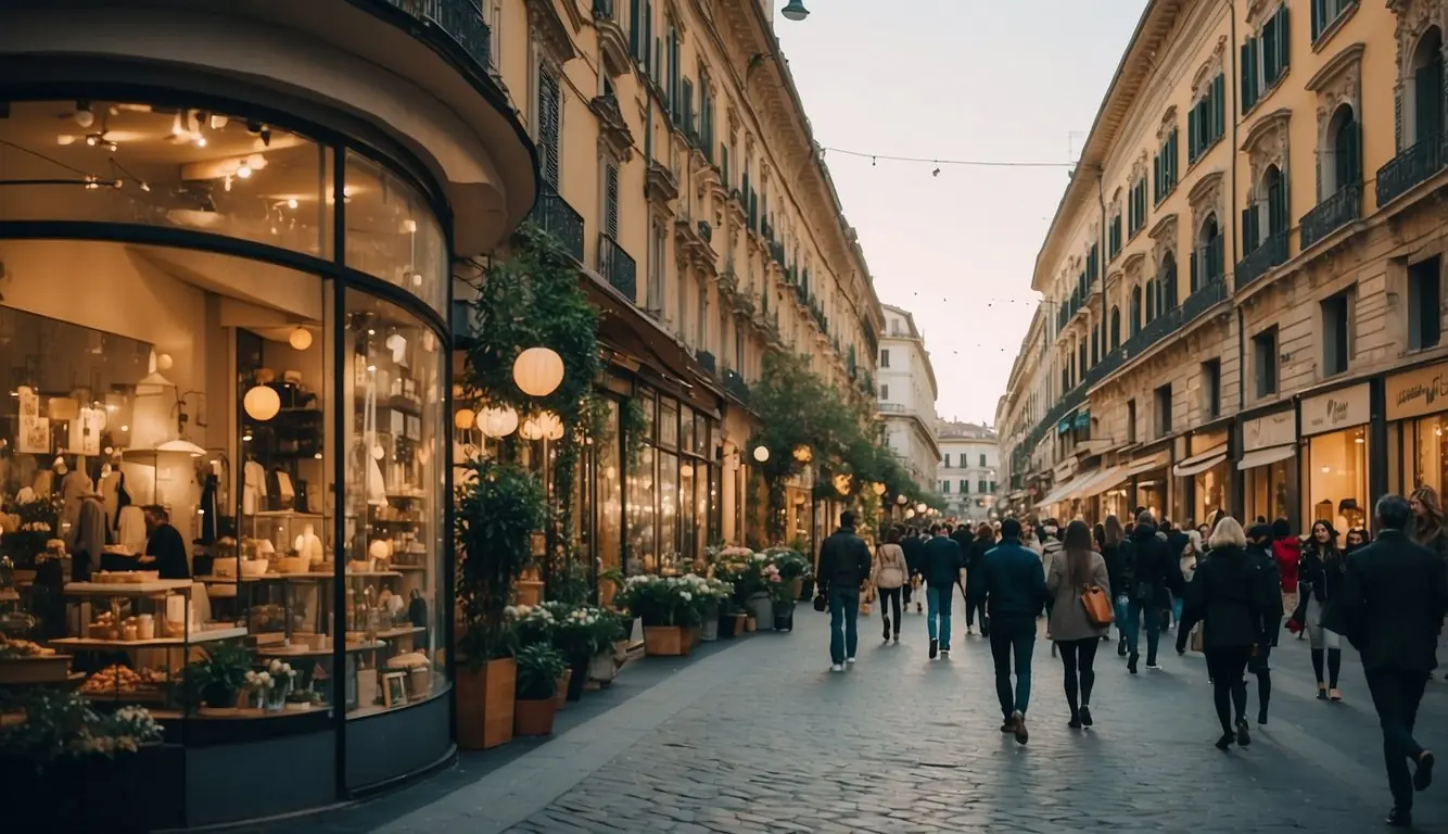 Vibrant Milan street with sustainable fashion boutiques and art galleries