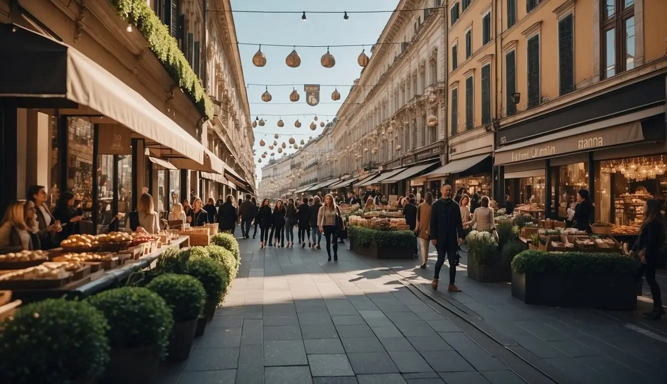 A bustling Milan street lined with eco-friendly fashion boutiques, showcasing sustainable brands and promoting consumer awareness through vibrant displays and eye-catching signage