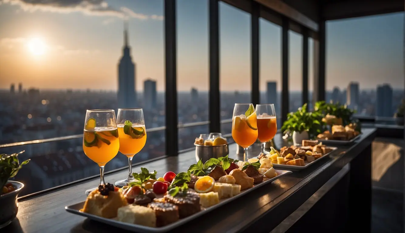 A bustling Milanese rooftop bar overlooks the city skyline during a vibrant aperitivo, with elegant cocktails and appetizers on display