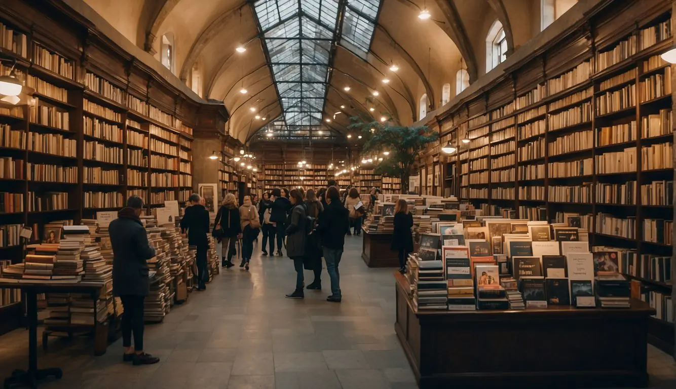 Indie bookstores in Milan bustle with literary events and diverse readers browsing shelves