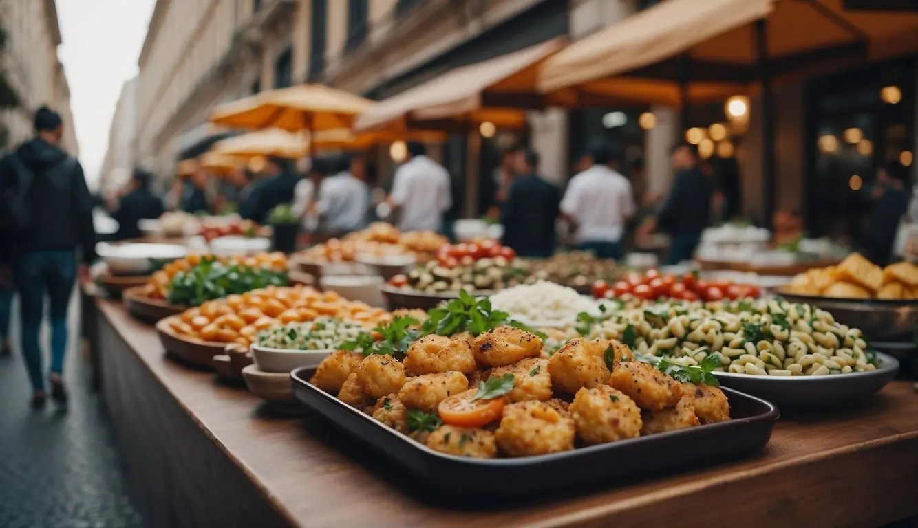 Vibrant Milan streets showcase diverse vegan and vegetarian restaurants, with colorful signage and bustling outdoor seating