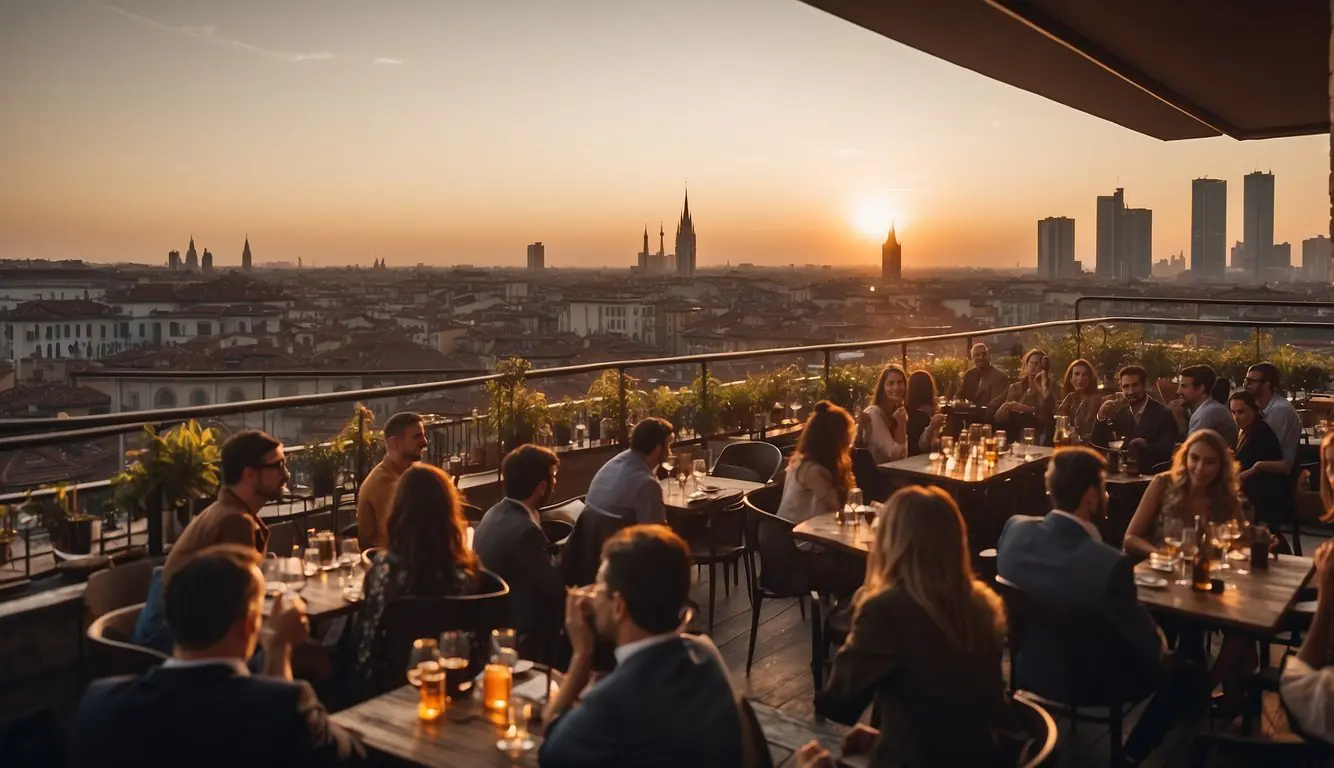 A bustling Milanese bar overlooks the city skyline at sunset, with elegant glasses of aperitivo and traditional snacks adorning the tables