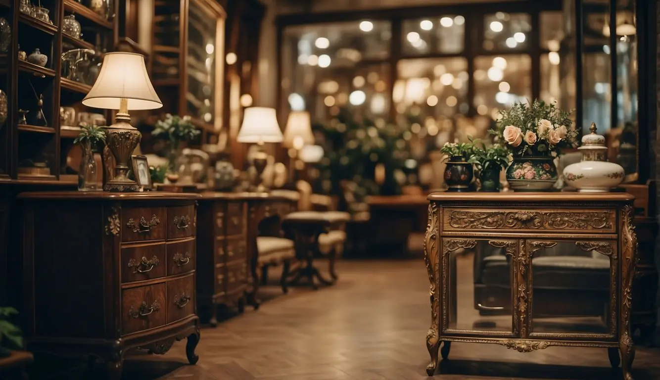 Vintage furniture displayed in Milan shops, with intricate details and rich textures, creating an alluring and nostalgic atmosphere